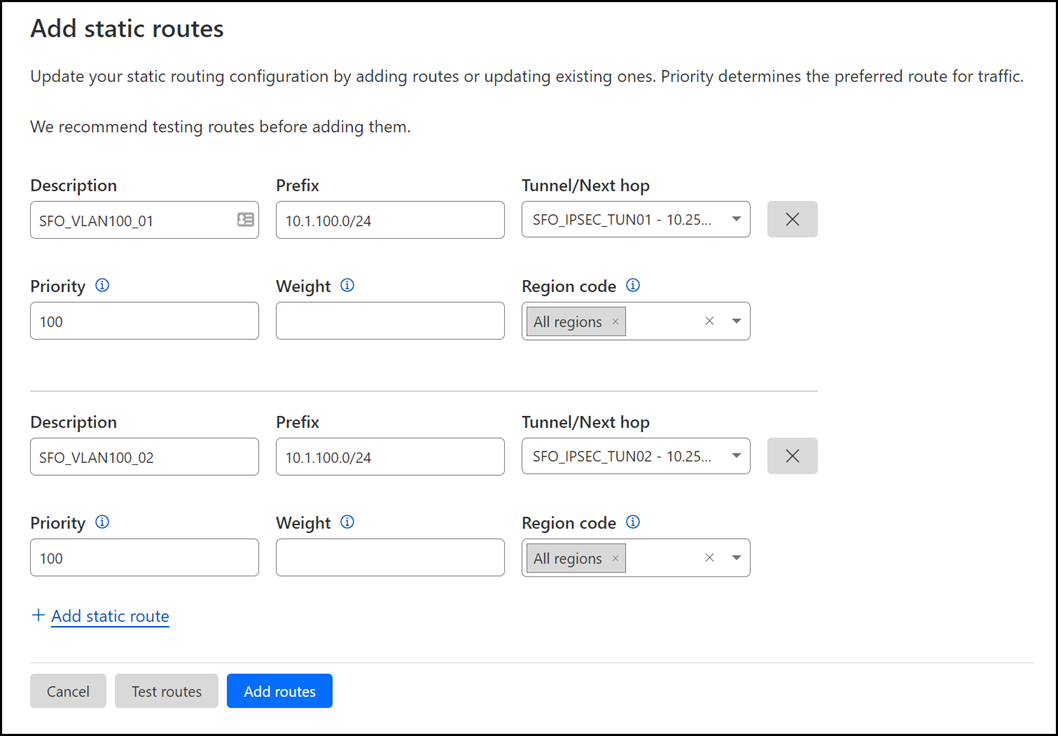 Add static routes for each of the IPsec tunnels you created in the previous step