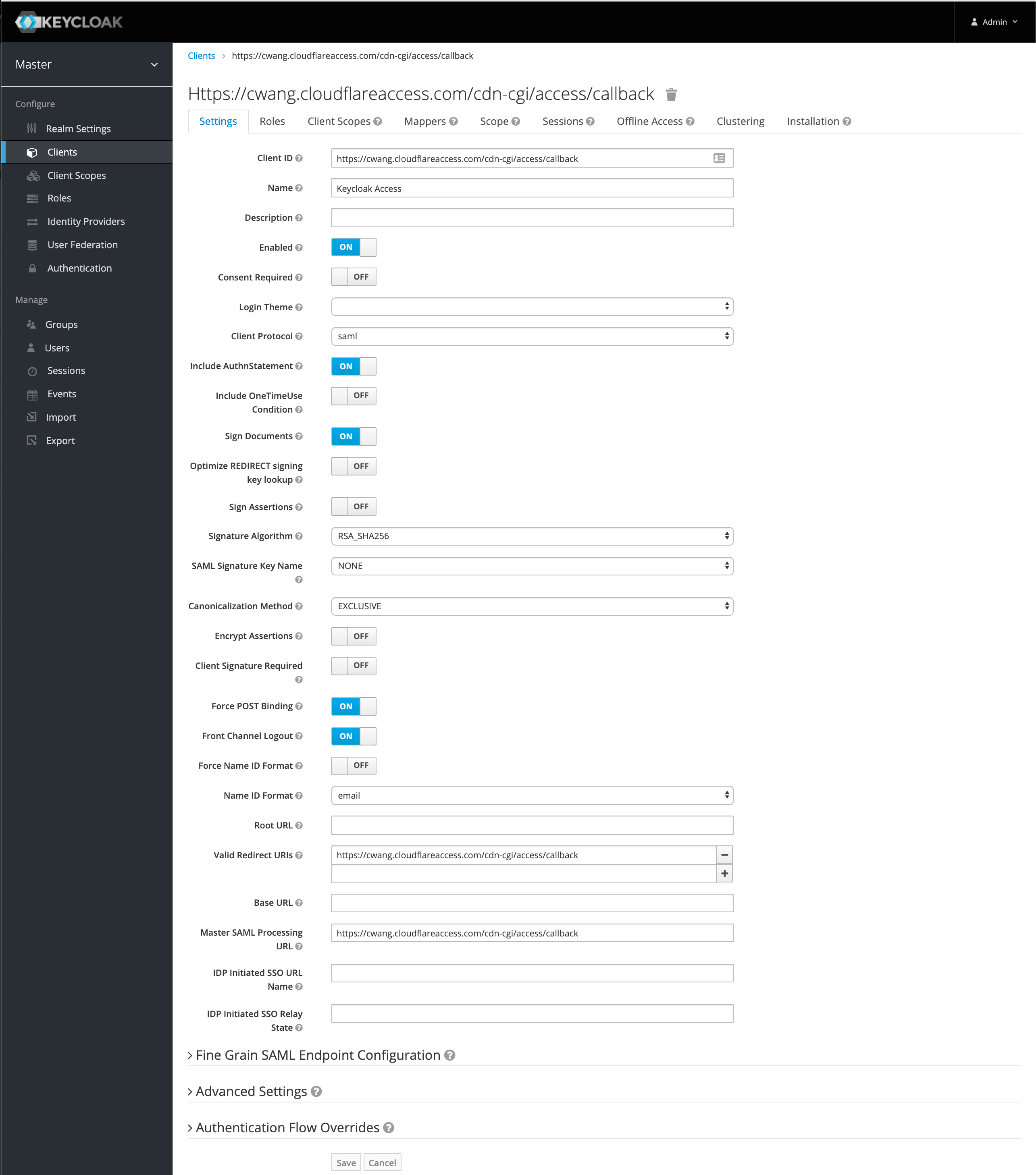 SAML Client interface with team domain and callback in Client ID