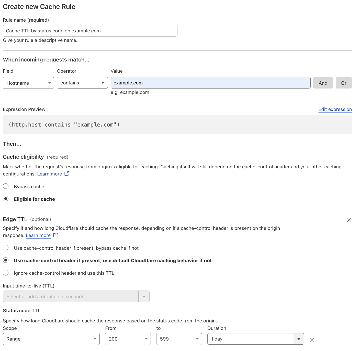 Cache rule matching the &lsquo;Cache TTL by status code&rsquo; setting of the example Page Rule